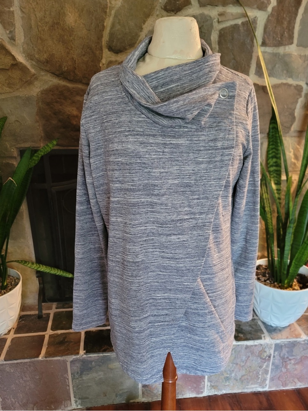Danskin Gray Cowl Neck Pullover Top Sz L Long Sleeve Athleisure Marled Tunic